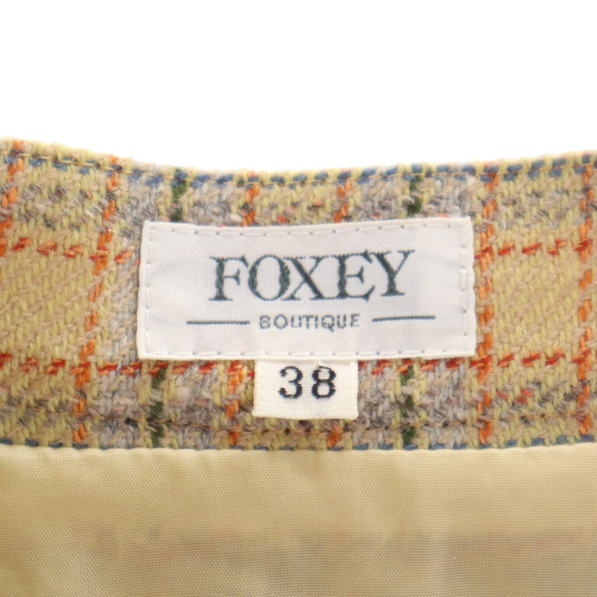 FOXEY フォクシー 日本製 ウールブレンド チェック ミニ丈 プリ－ツ プリーツスカート 38 ベージュ系 レディース