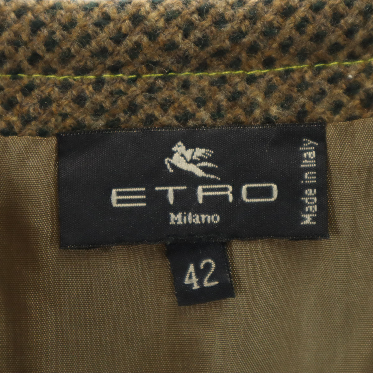 ETRO エトロ イタリア製 シルクブレンド 総柄 ミモレ丈 ボックス プリーツスカート 42 カーキ レディース