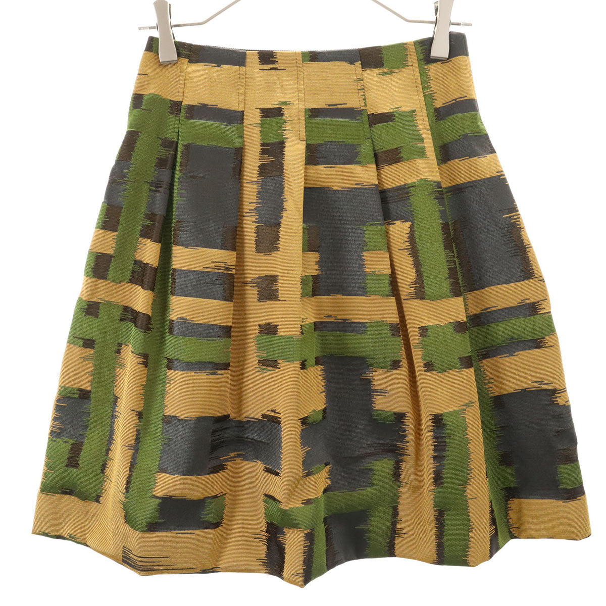 美品 Rene ルネ 日本製 総柄 ミディ丈 プリーツスカート 34 イエロー レディース