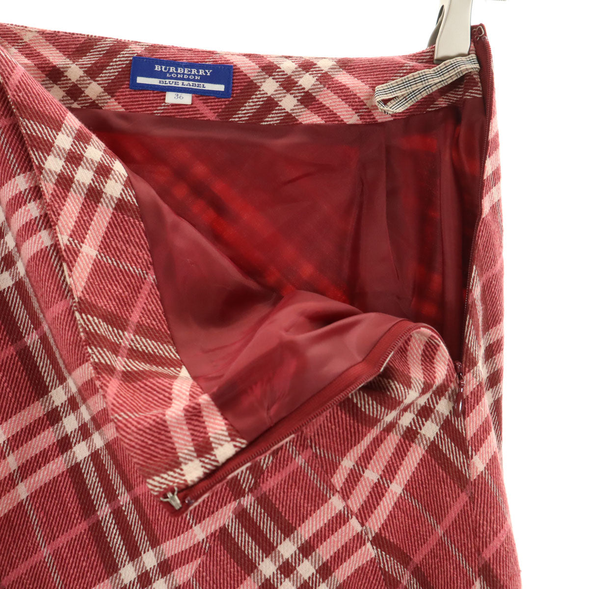 BURBERRY BLUE LABEL バーバリーブルーレーベル 日本製 リネンブレンド チェック柄 ミディ丈 フレアスカート 36 ピンク系 三陽商会 レディース