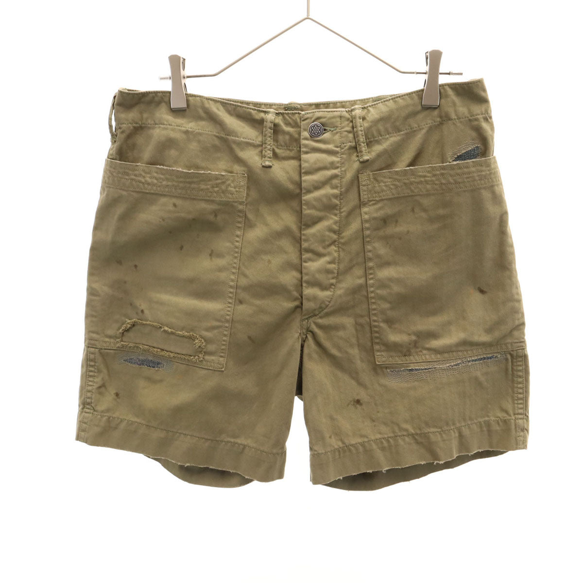 ダブルアールエル RRL ヘリンボーン リペア加工 ショートパンツ W30 オリーブ系 RALPH LAUREN ラルフローレン メンズ