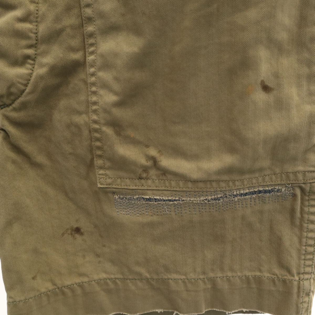 ダブルアールエル RRL ヘリンボーン リペア加工 ショートパンツ W30 オリーブ系 RALPH LAUREN ラルフローレン メンズ