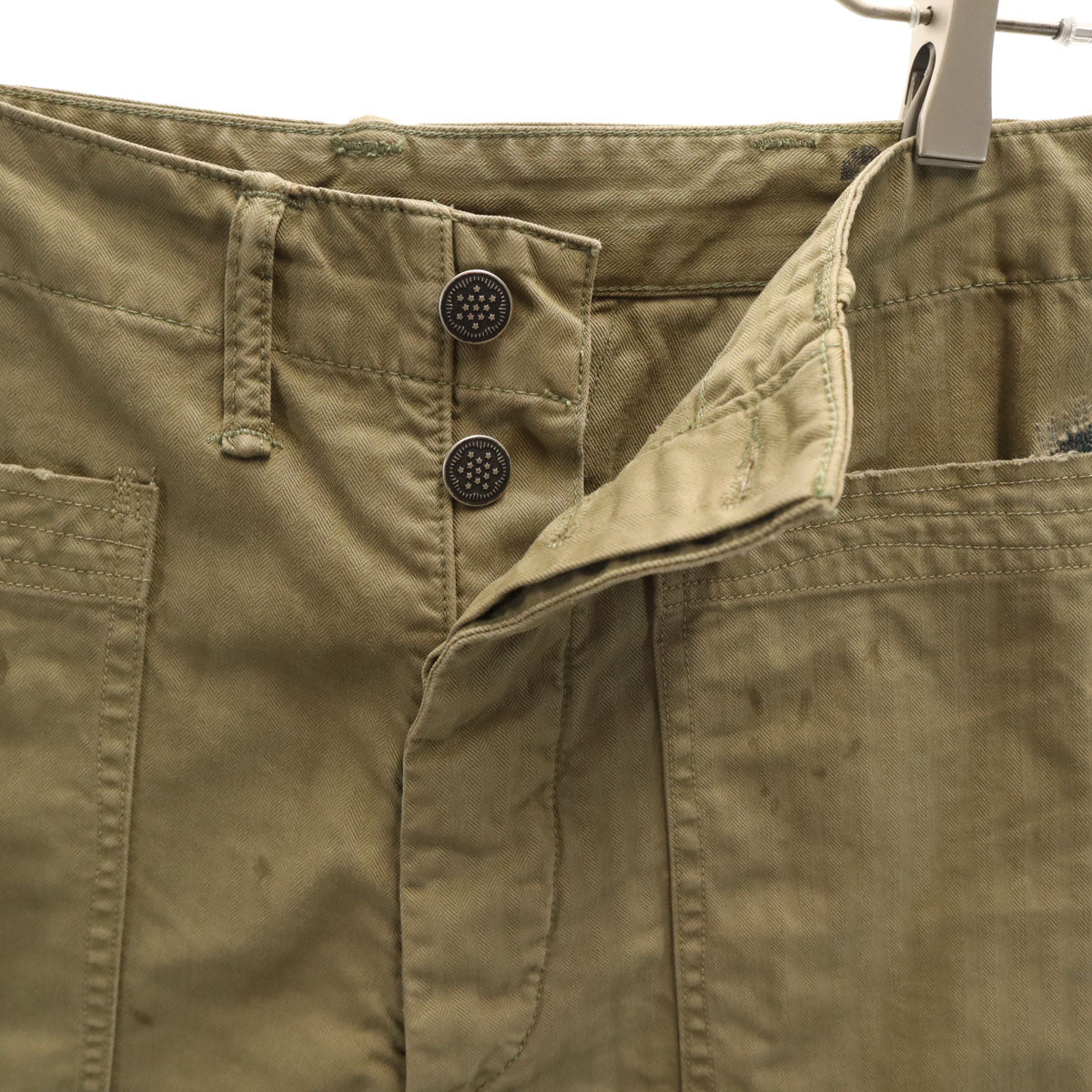 ダブルアールエル RRL ヘリンボーン リペア加工 ショートパンツ W30 オリーブ系 RALPH LAUREN ラルフローレン メンズ