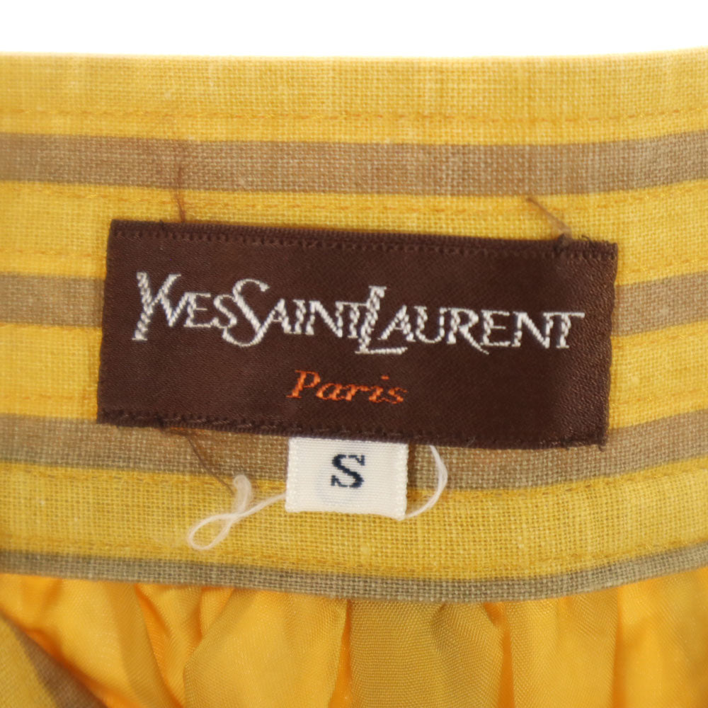 YVES SAINT LAURENT イヴサンローラン 80s 90s リネンブレンド オールド ストライプ柄 ミディ丈 フレアスカート S イエロー系 レディース