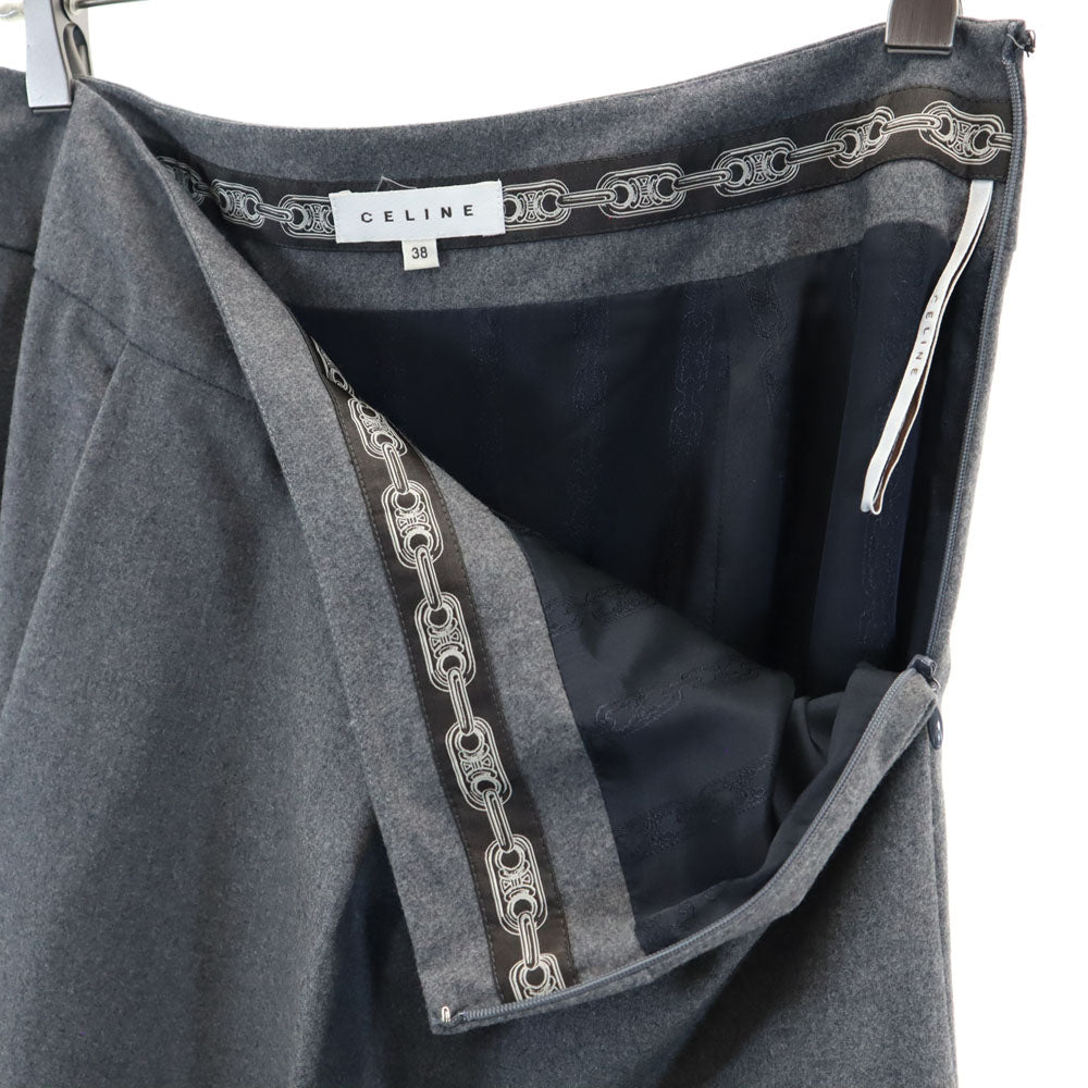 セリーヌ フランス製 ウールブレンド ミディ丈 タック スカート 38 グレー CELINE レディース