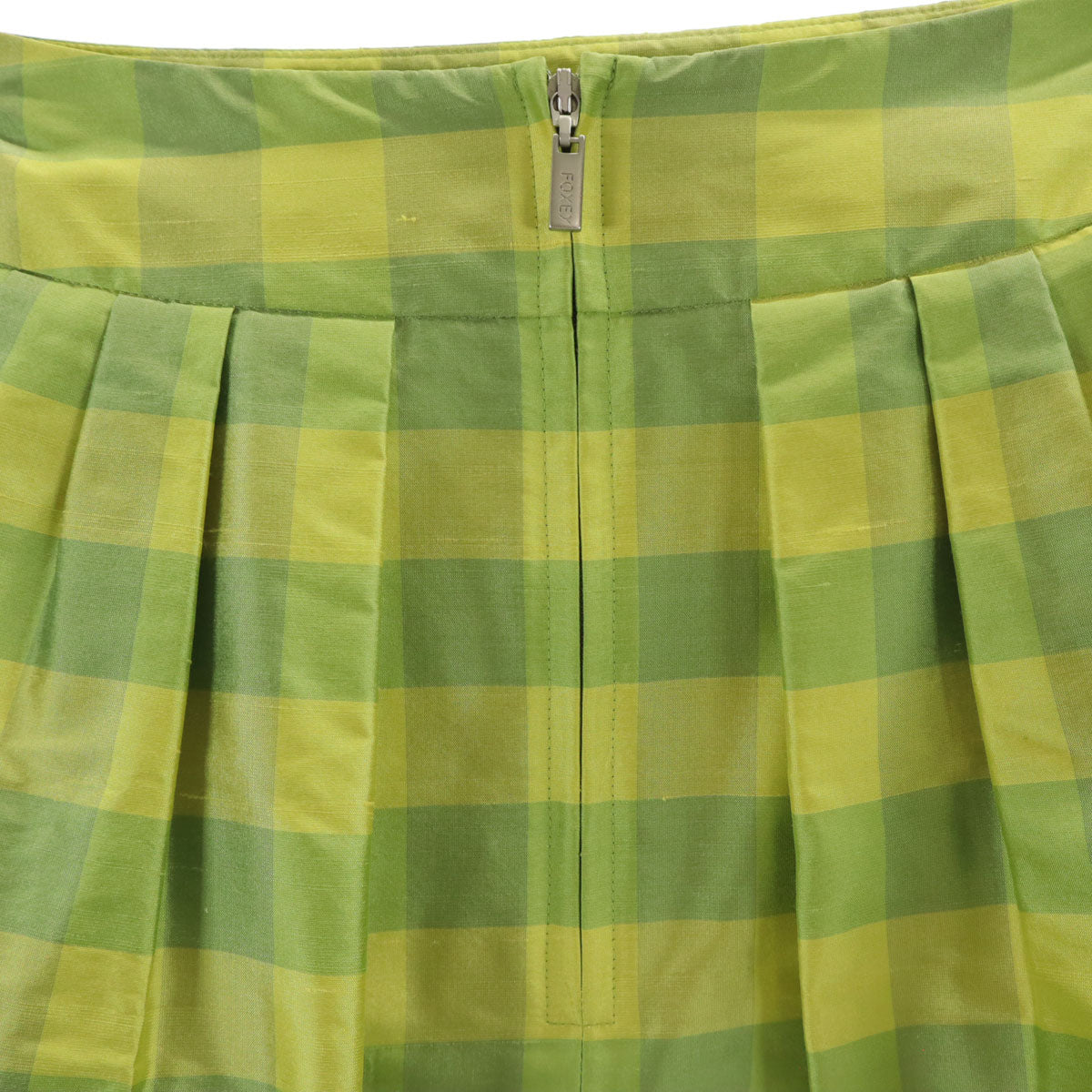 未使用 FOXEY フォクシー 日本製 シルク チェック柄 ミディ丈 フレアスカート 40 黄緑 レディース