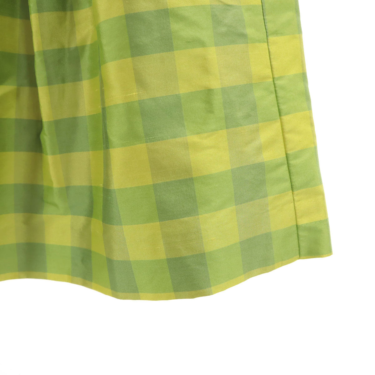 未使用 FOXEY フォクシー 日本製 シルク チェック柄 ミディ丈 フレアスカート 40 黄緑 レディース