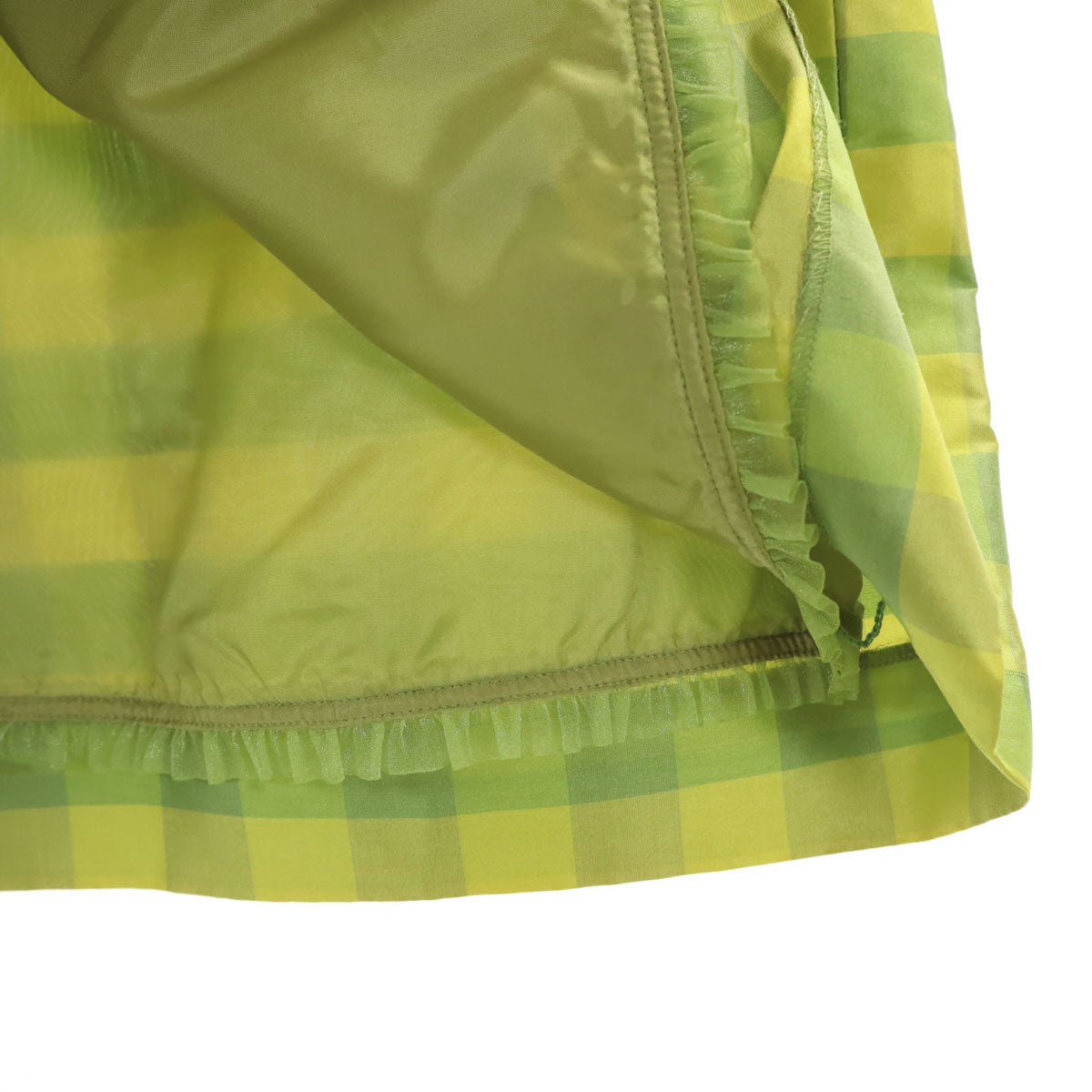 未使用 FOXEY フォクシー 日本製 シルク チェック柄 ミディ丈 フレアスカート 40 黄緑 レディース