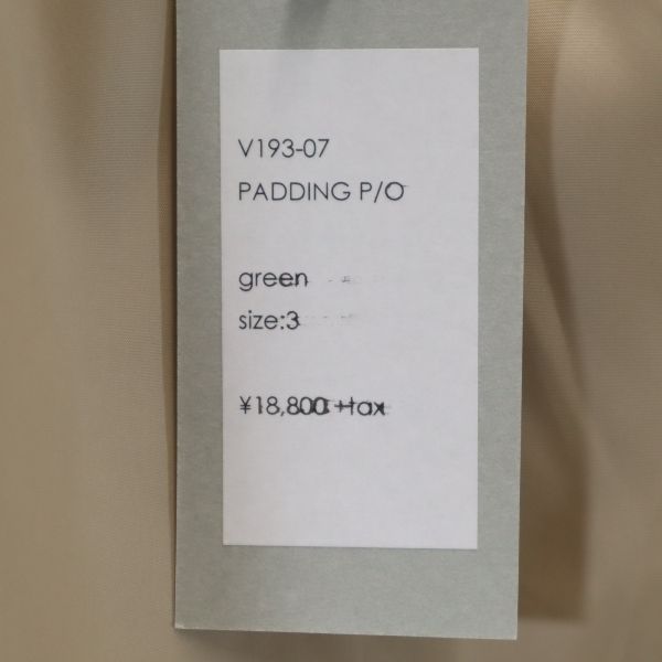 未使用 VAST222 バースト222 19AW 日本製 中綿ジャケット 3 グリーン プルオーバー メンズ