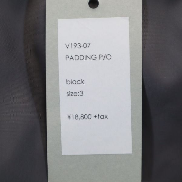 未使用 VAST222 バースト222 19AW 日本製 中綿ジャケット 3 ブラック プルオーバー メンズ